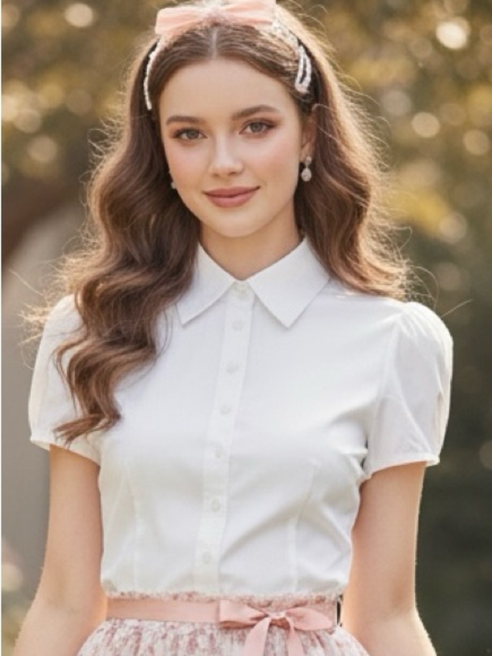 White Short Sleeve Puff Sleeve Button-Down Blouse S Coquette/ Romantic Style